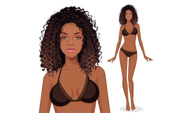 Vector hermosa rizada modelo de moda americana africana en bikini