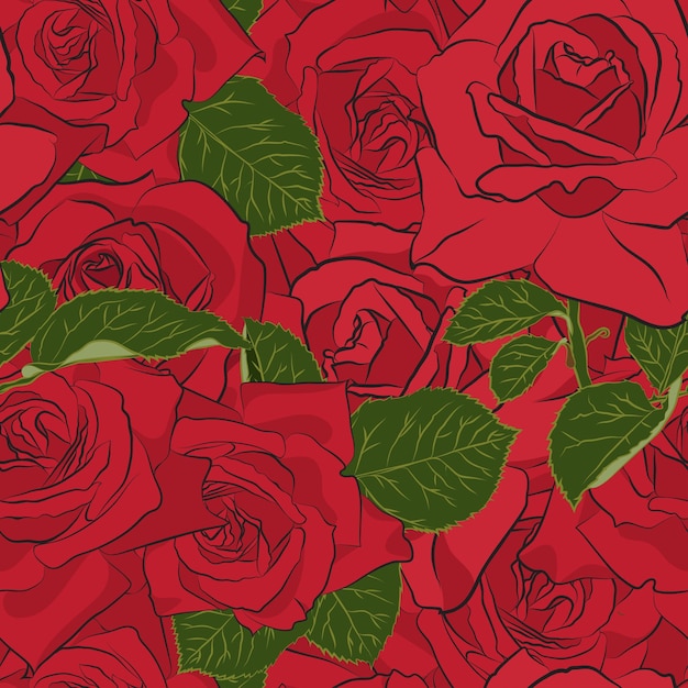 Hermosa rosa roja de patrones sin fisuras Silueta botánica de flor Color de estilización plana