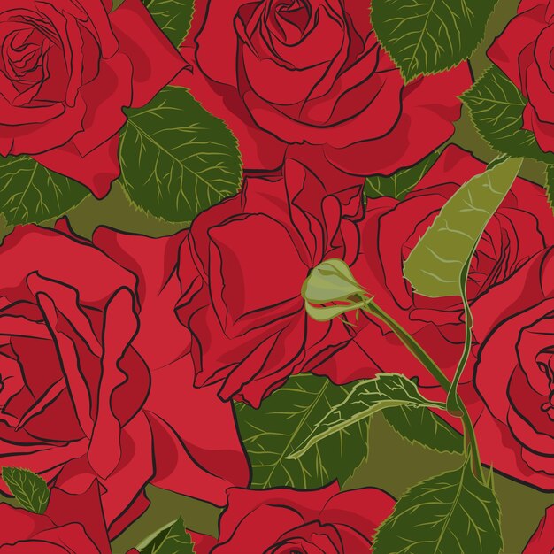 Hermosa rosa roja de patrones sin fisuras Silueta botánica de flor Color de estilización plana