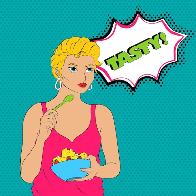 Hermosa rubia con postre estilo Pop art