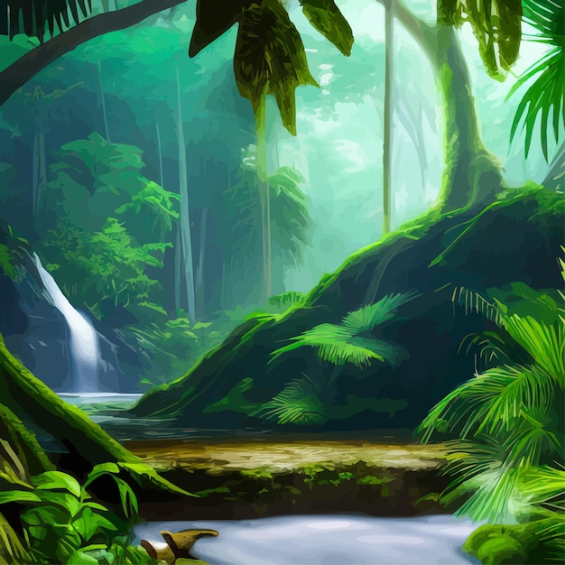 Hermosa selva tropical de bosque de dibujos animados con ilustración de vector de paisaje de cascada de vida silvestre