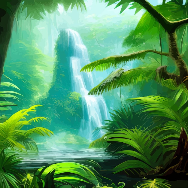 Vector hermosa selva tropical de bosque de dibujos animados con ilustración de vector de paisaje de cascada de vida silvestre