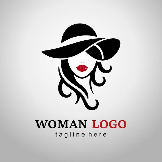 Hermosa silueta contorno cabeza femenina con sombrero Logotipo elegante de niña con labios rojos Icono de dama de moda
