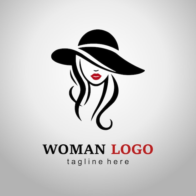 Hermosa silueta contorno cabeza femenina con sombrero Logotipo elegante de niña con labios rojos Icono de dama de moda