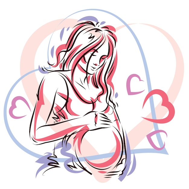 Hermosa silueta de cuerpo femenino embarazada rodeada de marco en forma de corazón. ilustración vectorial dibujada por la futura madre. felicidad y tema de cuidado.