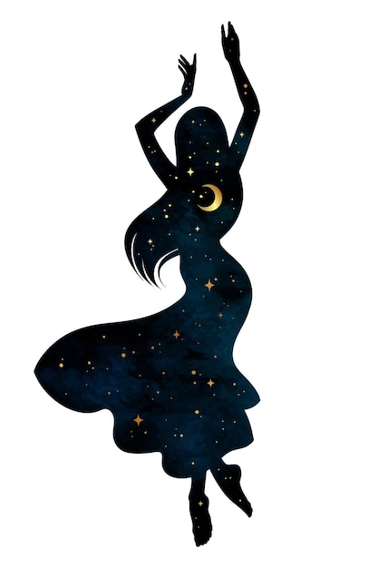 Hermosa silueta gitana bailando con luna creciente y estrellas en perfil aislado etiqueta engomada de tatuaje chic boho o ilustración de vector de diseño de impresión