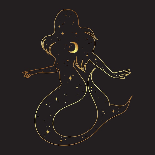 Hermosa silueta de sirena con luna creciente y estrellas en perfil aislado Etiqueta engomada de tatuaje boho chic o ilustración de vector de diseño de impresión