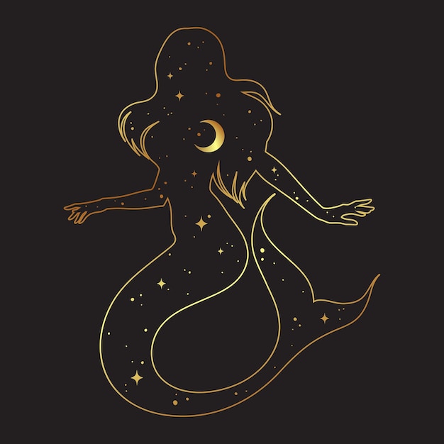 Hermosa silueta de sirena con luna creciente y estrellas en perfil aislado etiqueta engomada de tatuaje boho chic o ilustración de vector de diseño de impresión