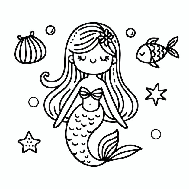 hermosa sirena dibujada a mano página de colorear ilustración vectorial