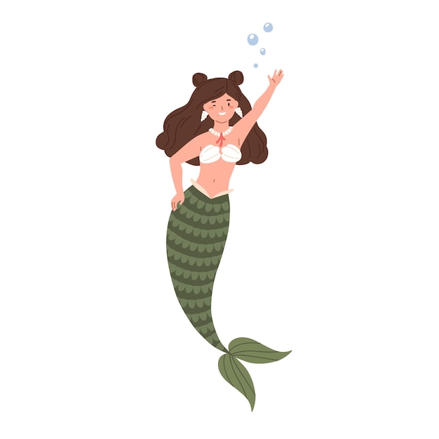 Hermosa sirena morena con cabello largo y cola de pez. lindo personaje de hadas bajo el agua en sujetador de concha guiñando un ojo y saludando con la mano. ilustración de vector plano coloreado aislado sobre fondo blanco.