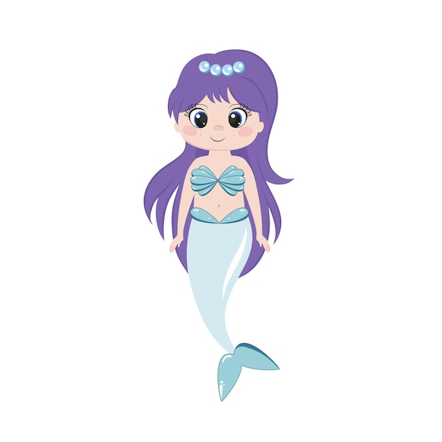 Hermosa sirena con ojos grandes y cabello largo morado. sirena aislada sobre fondo blanco. ilustración de dibujos animados de los niños de vector. dibujo para niña. muñecas, juguetes, hadas y magia.