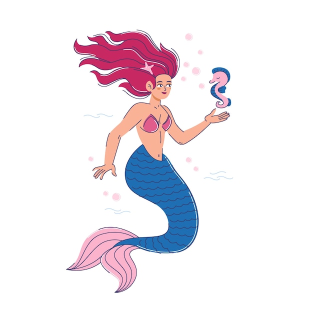 Hermosa sirena con una pequeña ilustración de vector de caballito de mar