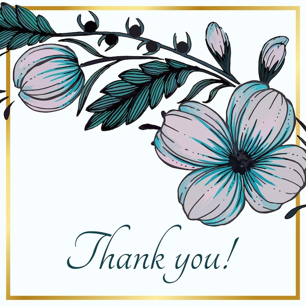 Hermosa tarjeta de agradecimiento con composición de flores dibujadas a mano y marco dorado