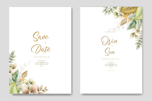 hermosa tarjeta de boda con hojas verdes y doradas