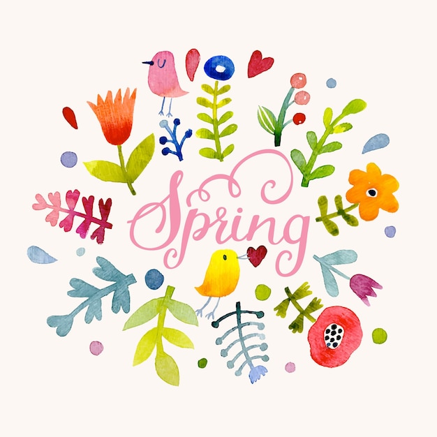 Hermosa tarjeta de concepto de primavera Impresionantes flores y pájaros hechos en técnica de acuarela