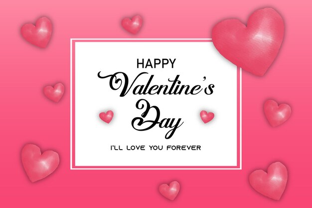 Hermosa tarjeta del día de san valentín corazones fondo rosa con color de agua vector gratuito