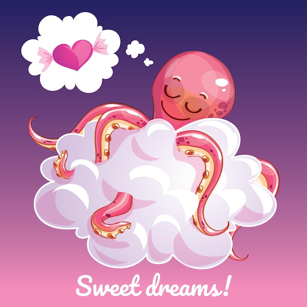 Vector una hermosa tarjeta de felicitación con un pulpo dibujado a mano durmiendo en la nube y un ejemplo de mensaje de texto dulces sueños