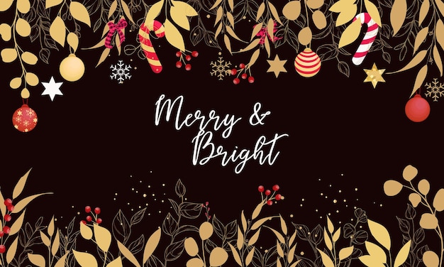 Hermosa tarjeta de feliz navidad con hojas doradas y adorno navideño