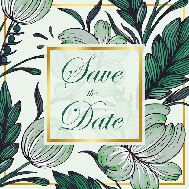 Hermosa tarjeta de guardar la fecha con composición de flores dibujadas a mano y marco dorado