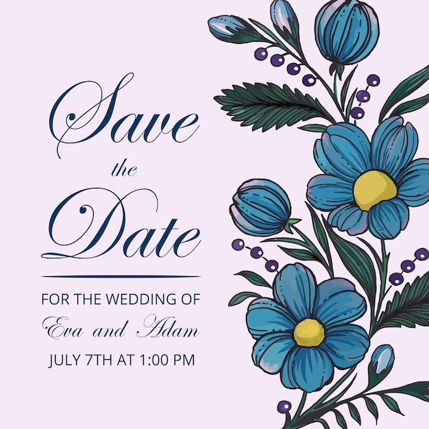 Hermosa tarjeta de guardar la fecha con composición de flores dibujadas a mano tarjeta de marco floral