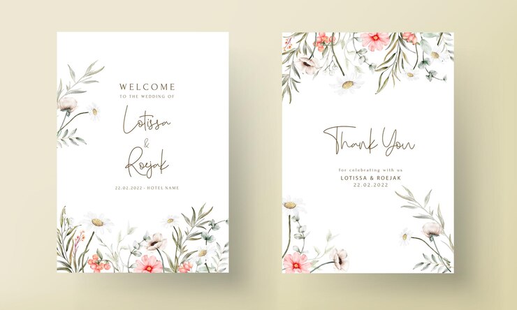 hermosa tarjeta de invitación de boda de acuarela con flor elegante y follaje diminuto