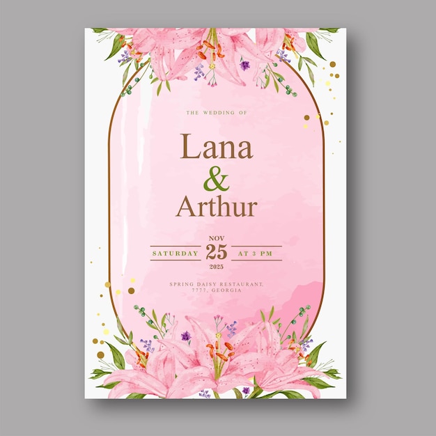 Hermosa tarjeta de invitación de boda en acuarela con lirio rosa