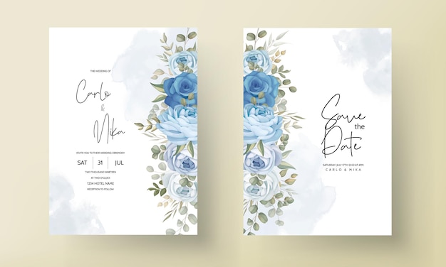 Vector hermosa tarjeta de invitación de boda con adornos de peonías azules dibujados a mano