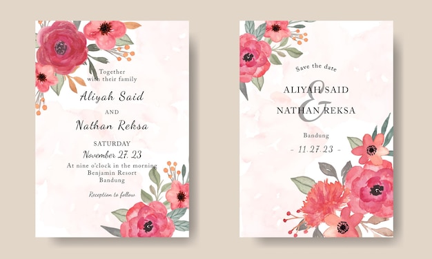 Hermosa tarjeta de invitación de boda con decoración floral de flores de acuarela