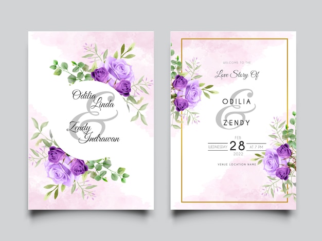 Hermosa tarjeta de invitación de boda con diseño de rosas moradas