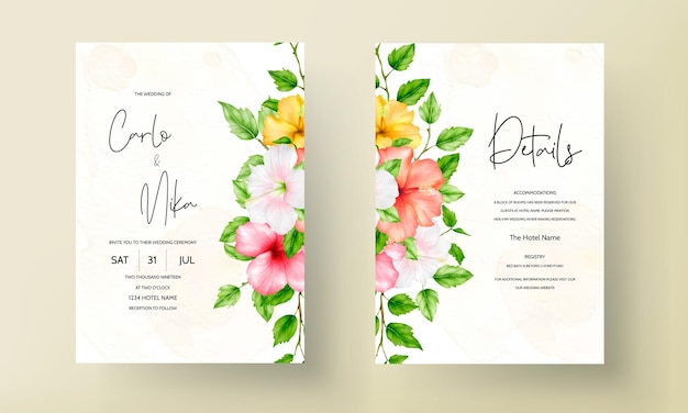 Hermosa tarjeta de invitación de boda de flor de hibisco acuarela