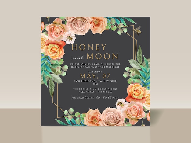 Hermosa tarjeta de invitación de boda floral y abejas