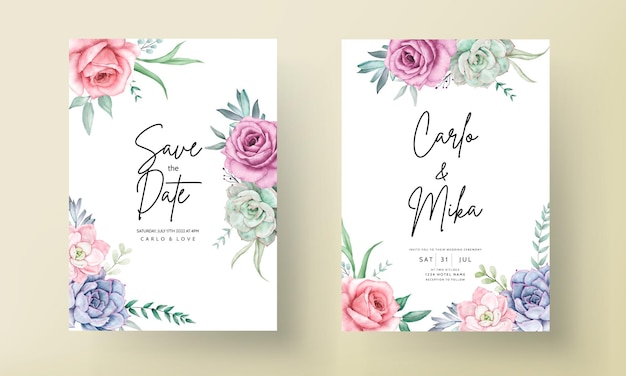 Hermosa tarjeta de invitación de boda floral acuarela con rosas y suculentas