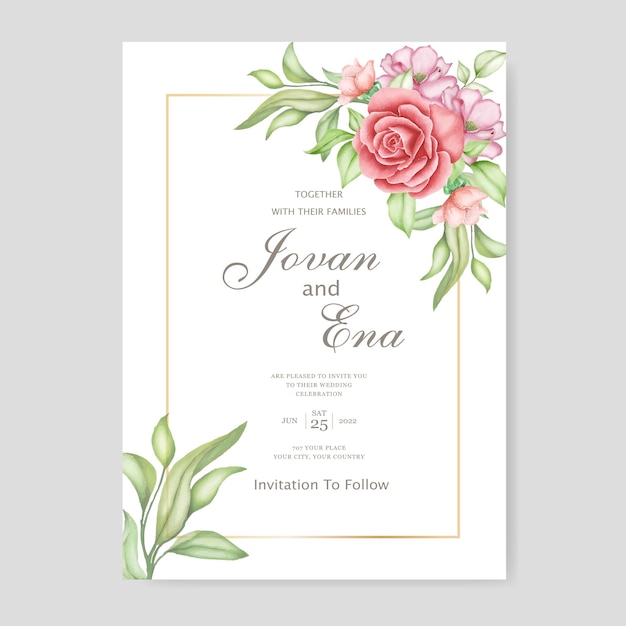 Hermosa tarjeta de invitación de boda floral y hojas