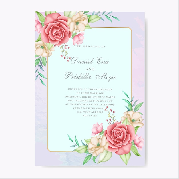 Hermosa tarjeta de invitación de boda floral y hojas