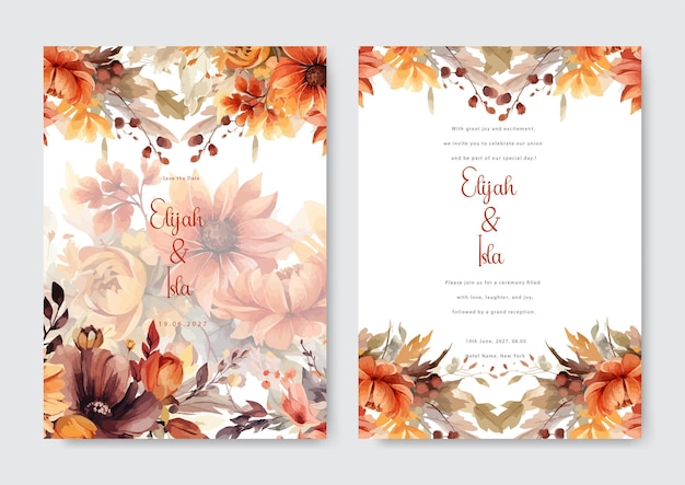 Hermosa tarjeta de invitación de boda con floral marrón dorado y plantilla de corona de hojas