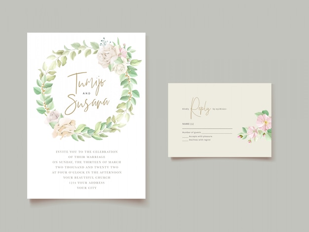 Hermosa tarjeta de invitación de boda floral suave y hojas