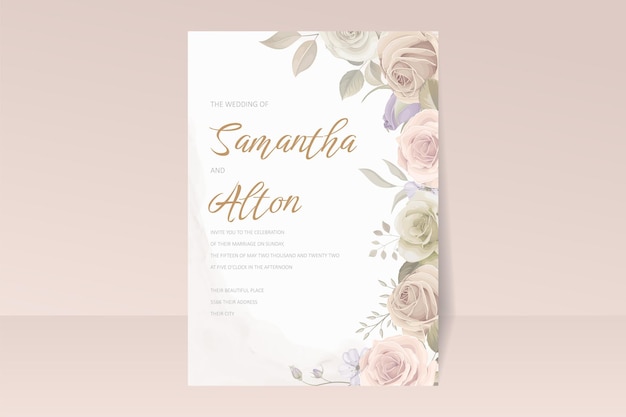 Vector hermosa tarjeta de invitación de boda floral suave y hojas