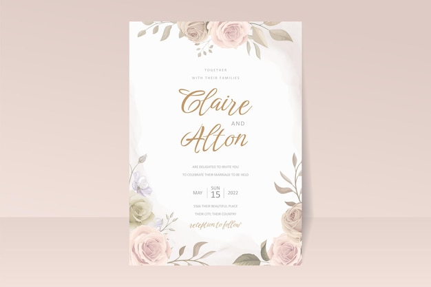 Hermosa tarjeta de invitación de boda floral suave y hojas