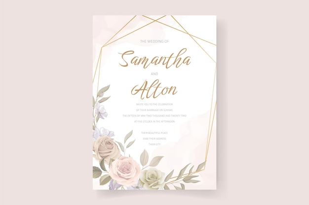 Hermosa tarjeta de invitación de boda floral suave y hojas