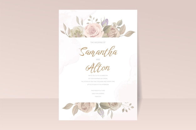 Hermosa tarjeta de invitación de boda floral suave y hojas