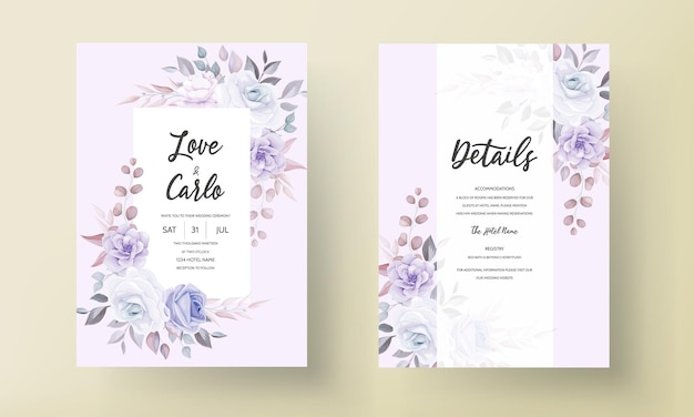 Hermosa tarjeta de invitación de boda con flores de color púrpura