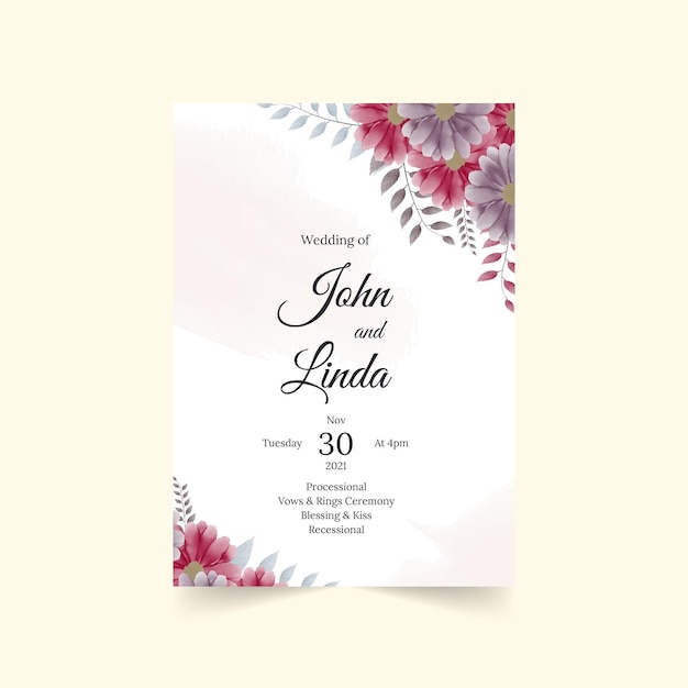 Hermosa tarjeta de invitación de boda con flores y hojas de acuarela