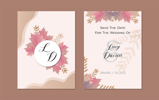 hermosa tarjeta de invitación de boda con flores rosas y moradas