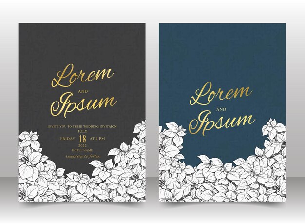Hermosa tarjeta de invitación de boda con follaje lineal dibujado a mano