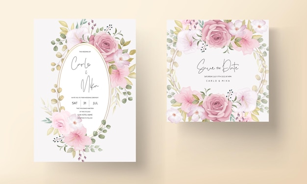 Hermosa tarjeta de invitación de boda con hermosa decoración floral.