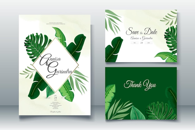 Hermosa tarjeta de invitación de boda con hermosa plantilla de hojas vector premium