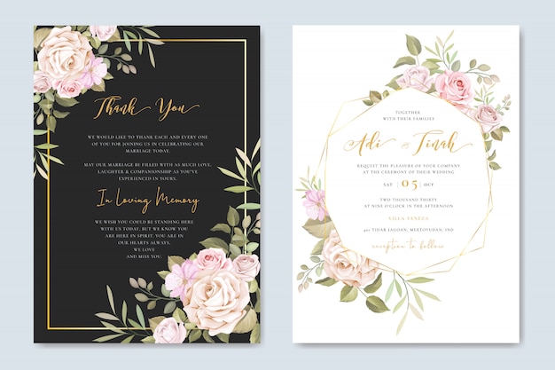 Vector hermosa tarjeta de invitación de boda con plantilla floral y hojas