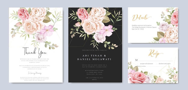 Hermosa tarjeta de invitación de boda con plantilla floral y hojas