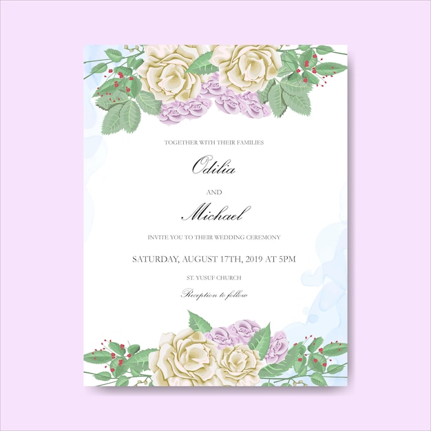 Hermosa tarjeta de invitación de boda con plantilla de hojas florales