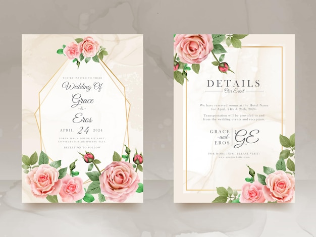 Hermosa tarjeta de invitación de boda con rosas y hojas de color rojo pastel acuarela